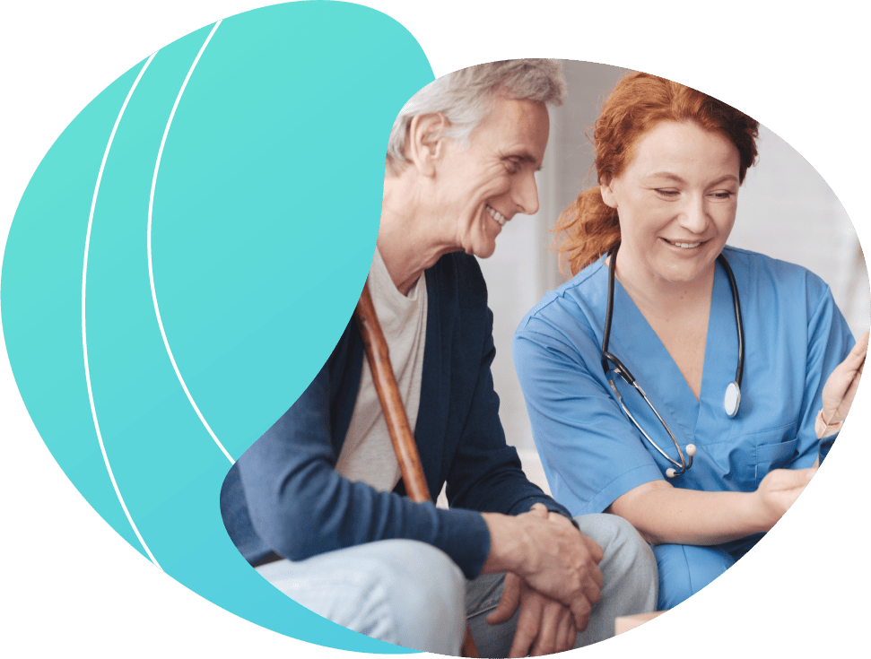 Elderly man smiling and talking with a female nurse, sitting together, with an abstract teal circular design symbolizing RPM in the background.