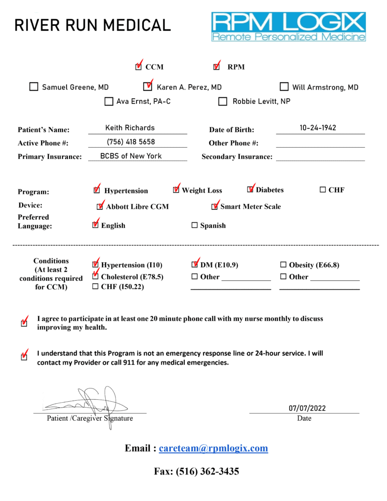 A medical form labeled "remote personalized medicine" with filled fields, including patient's name, date, healthcare details, provider signature, and performance metrics.