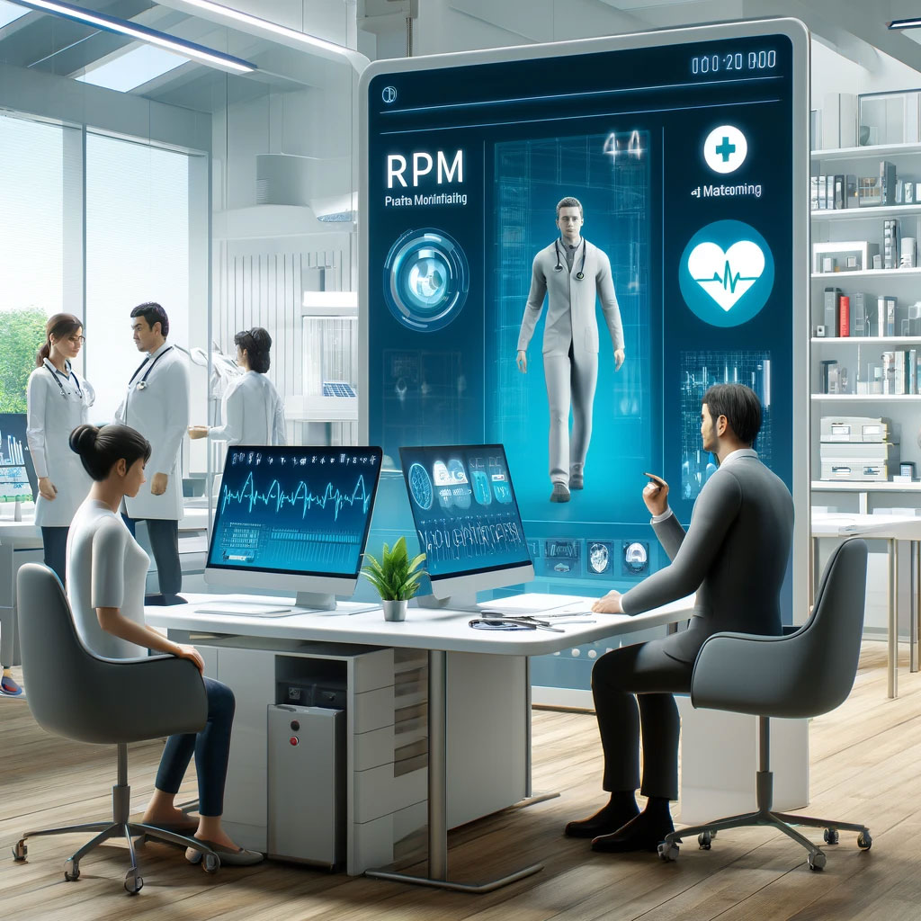 Healthcare professionals engage with advanced digital interfaces displaying patient data in a high-tech medical office for Chronic Care Management.