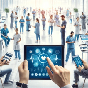 A busy hospital scene with medical staff and a central tablet displaying an RPM interface for heart health monitoring, emphasizing modern healthcare technology.